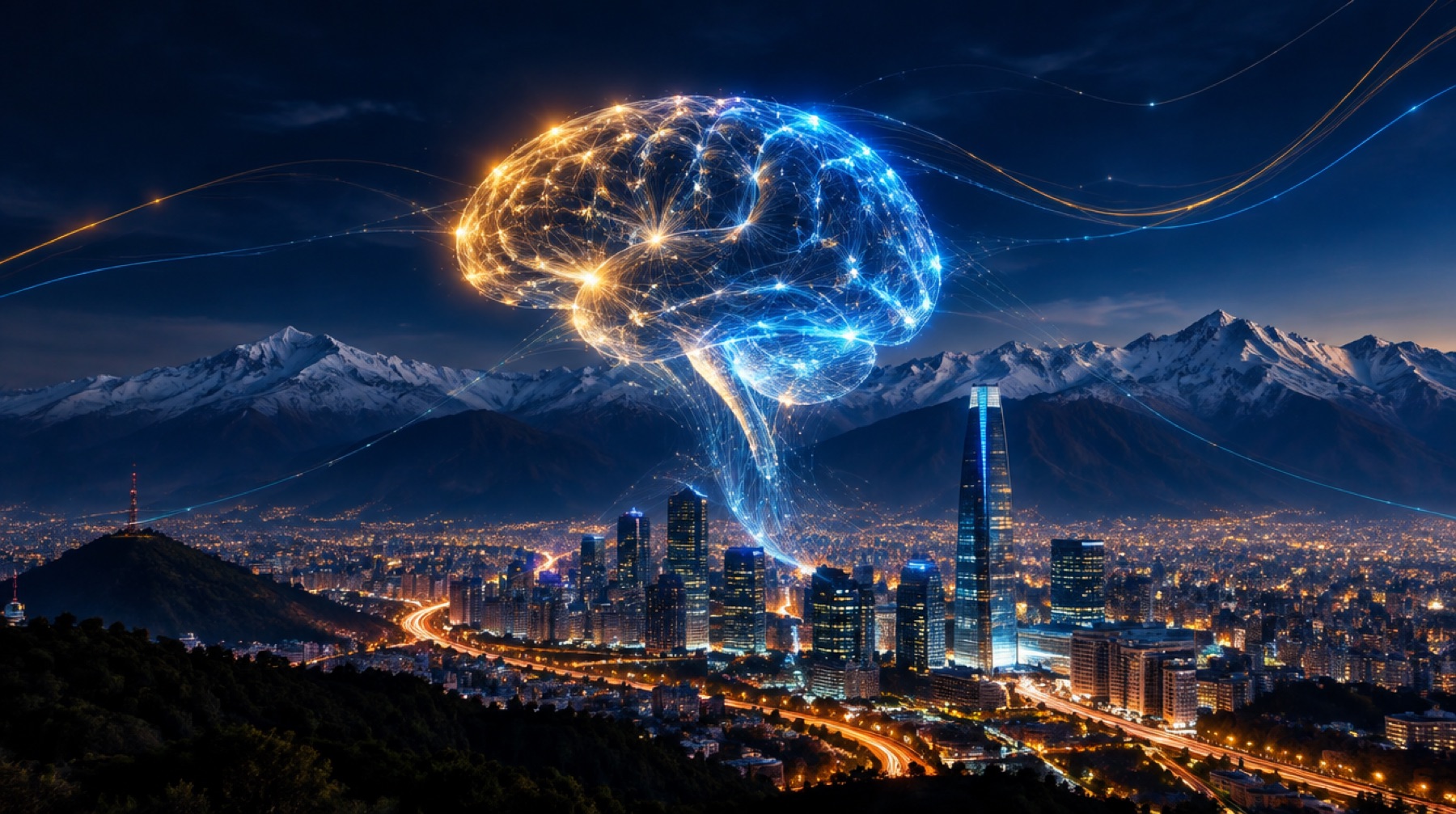 Cerebro de luz sobre Santiago de Chile y la cordillera de los Andes