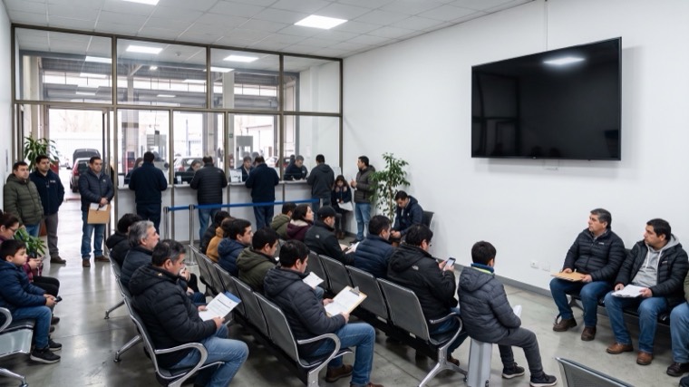 Sala de espera de planta de revisión técnica con pantalla mostrando un aviso